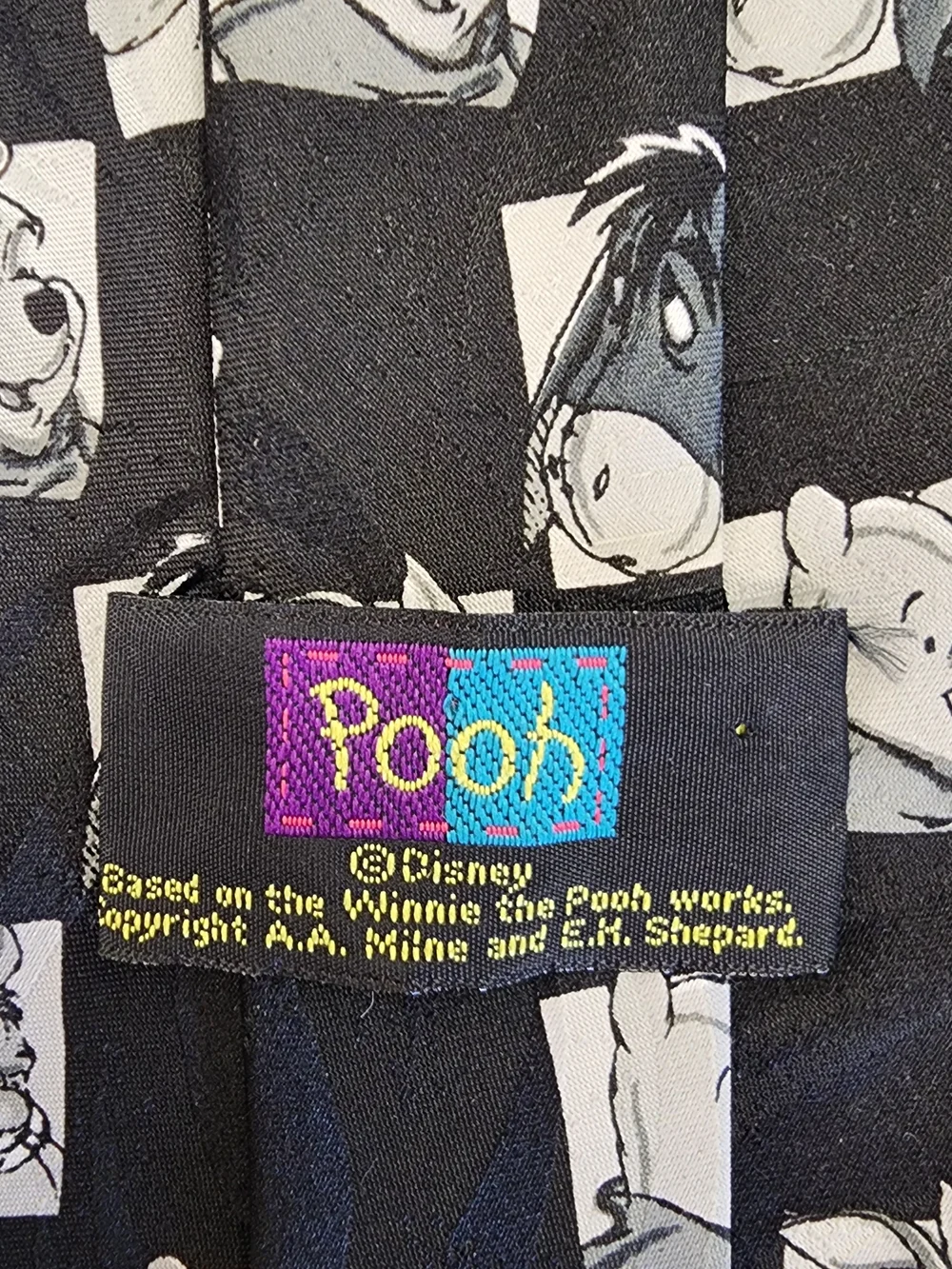 Vintage Disney Winnie the Pooh Black Graphic Sketch Necktie / Silk Tie